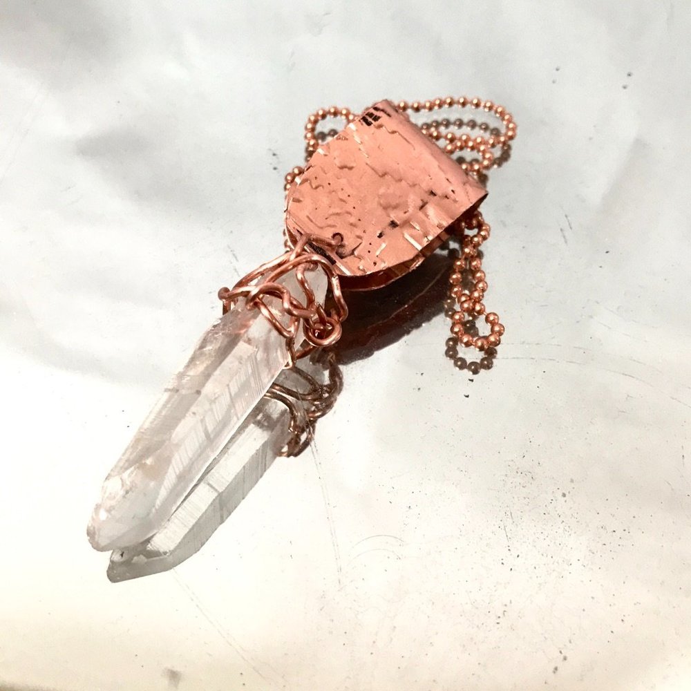 Lemurian Quartz Crystal Copper Choker Pendant Handmade Rustic Wire Wrapped - Picture 12 of 16